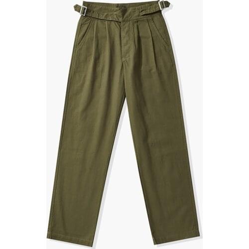 Ok8902 Men Spring Fall Fashion Adjustable Belt Waist Solid Color Military Green Khaki British Style Cotton Casual Bermuda Pants
