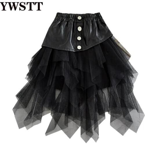 Teen Mesh Patchwork PU Skirt Fashion Girl PU Leather Skirt 2020 Fall Kids Girls Skirt Kids Tutu Trumpet Knee Length Skirts