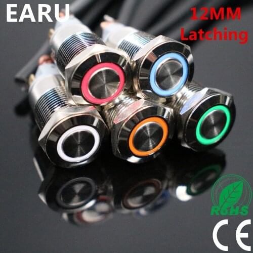 1pcs 12mm Waterproof Latching Flat Round Stainless Steel Metal Push Button Switch Colorful LED Light Shine Car Horn Auto Locking