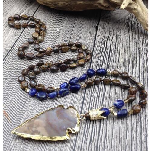 YA2821 Jaspers Stone Arrow Gold Pendant Sodalite Bronzite Irregular Nugget Beads Knot Handmade Necklace