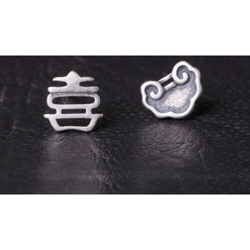 VLA 925 Silver National Style Retro Chinese Character Earrings For Womens Asymmetric Classical Cloud Earrings