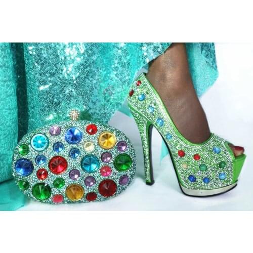 Wedding Women Green Elegant Shoes and bag 2021 New Arival Italian design shoes and bag matching set African shoes with bag set