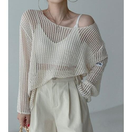 Korea Chic Summer Simple Round Neck Pullover Loose Top Thin Section Hollow Perspective Sunscreen Sweater Blouse Women