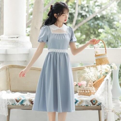 Ladies Lace Doll Collar Cute Blue Puff Sleeve Summer Gentle Dress Korean Elegant Robe Femme Sweet Dress Vestidos