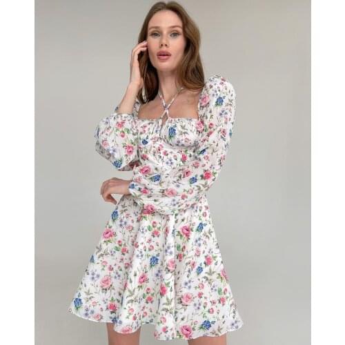 2021 New Women Floral A-line Dress Adults Tie-up Backless Puff Sleeve Square Collar Colors 3Colors