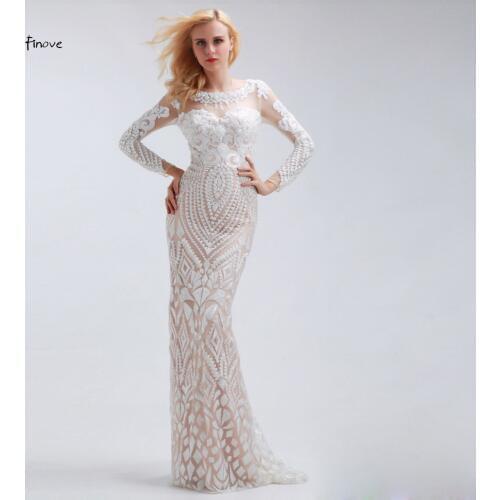 Finove White Long Evening Dresses Elegant 2020 With Long Sleeves Straight Floor Length Formal Plus Size Prom Dresses Long