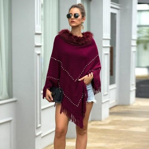 Winter Womens Sweater Knitted Pullover Sweaters Fringed Cloak Cape Fur Collar Beaded Round Neck Solid Color Sweater Women