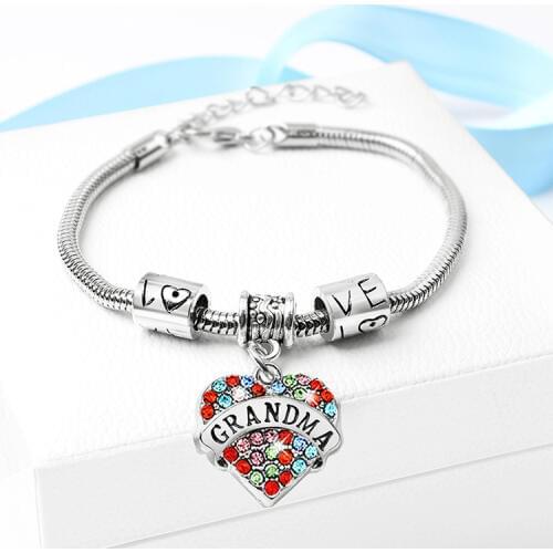 1PCS Engraved Letters Bracelet Color Rhinestone NANA Grandma Heart Pendant Necklace Jewelry Gifts For Friend