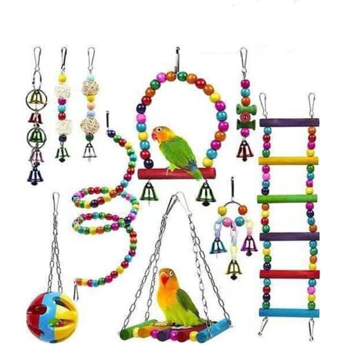 10 pcs Bird Cage Toys for Parrots Reliable Chewable Swing Hanging Chewing Bite Bridge Wooden Beads Ball Bell Toys (in stock