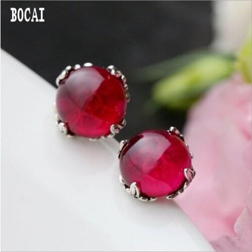 100% real solid silver hand-set with red fused alumina earrings ladies hypoallergenic 925 sterling silver retro stud earrings