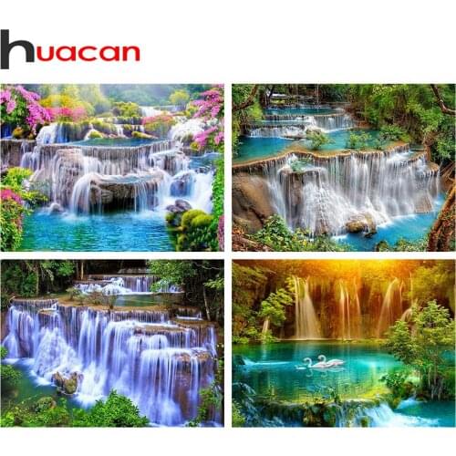 Huacan Diamond Mosaic Painting Waterfall Diamond Embroidery Complete Kit Landscape Rhinestone Pictures Bedroom Decoration