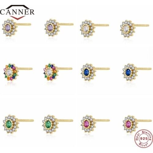 CANNER 925 Sterling Silver Geometric Simple Colorful Zircon Stud Earrings For Women Piercing Earring Earings Jewelry Pendientes