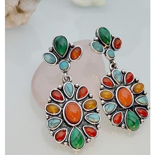 Bohemian Fashion Mixed Color Stone Turquoises Earrings for Women Vintage Dangle Drop Earring Wedding Party Jewelry Gifts