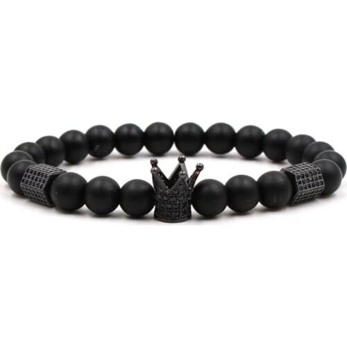 8mm Matte Black Stone Beads Bracelet Pave CZ 4 color Crown DIY Bracelet bangle for Women&Men Trendy Jewelry Handmade charm 2021