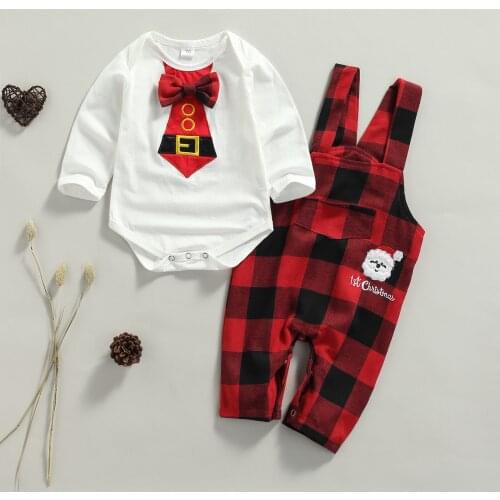 Newborn Baby Christmas Sets Spring Autumn Infant Outfits Long Sleeve Romper Top Plaid Suspender Pants Toddler Clothing Sets