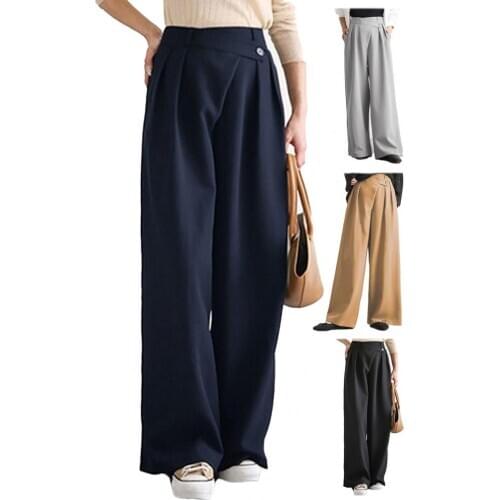 Women High Waist Solid Color Irregular Waistband Wide Leg Pants Loose Trousers