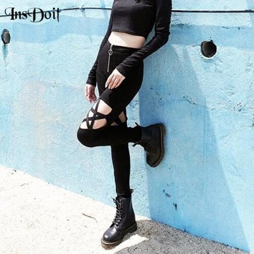 InsDoit Gothic Black Pants Punk Five Pointed Star Hollow Out Trousers Streetwear Harajuku Slim Sexy Zipper Women Pencil Pants