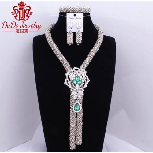 Newest Italian Silver Jewelry African Nigerian Celebrity Party Jewelry Set Crystal Beads for Women Free Shipping Dubai Necklace