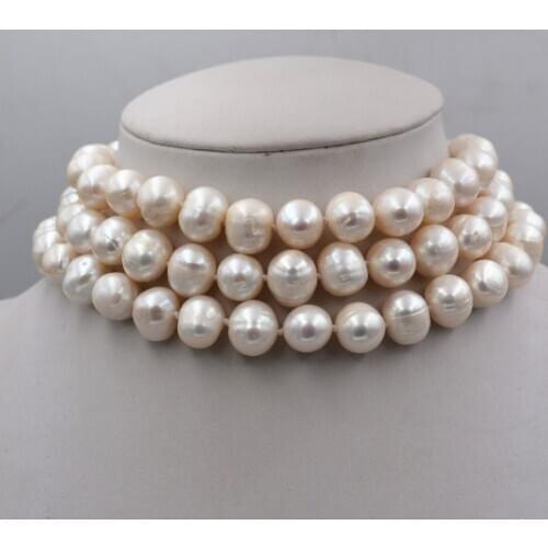 New 3 ROWS 9-10MM GENUINE WHITE AKOYA PEARL NECKLACE 17-19inch