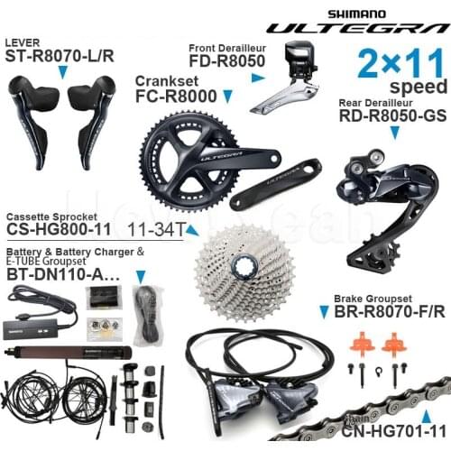 SHIMANO ULTEGRA R8070 2x11v Groupset with 2x11 speed DI2 Shifters Brake R8050 Front Rear Derailleur Crankset Cassette Chains