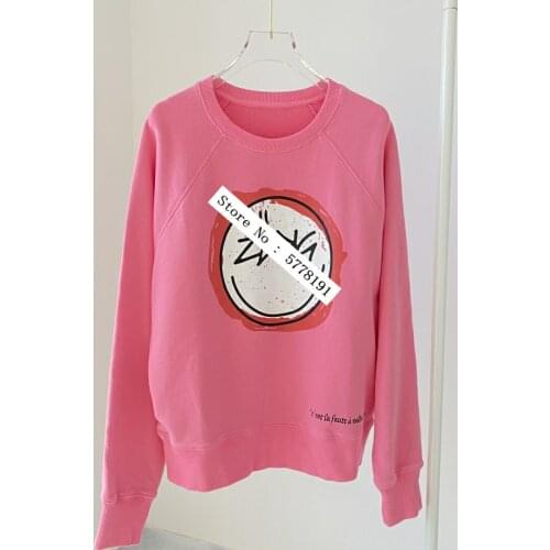Casual pink Cotton Sweatshirt Round Neck Front Colorful letter print Long Sleeves Tops Drop Shoulder