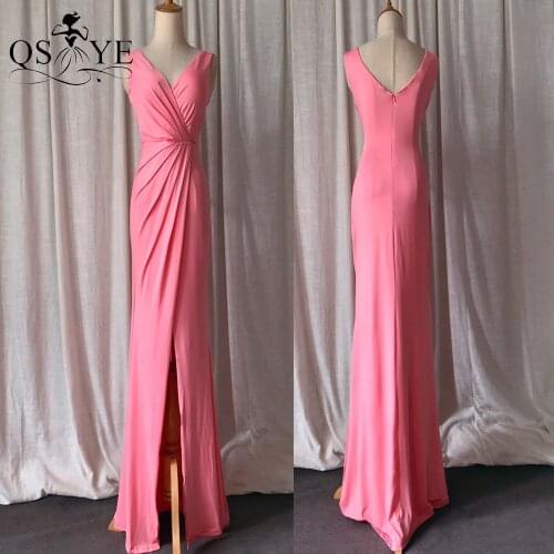 Pink Simple Bridesmaid Dress Spandex Sheath Long Evening Dress Front Split Formal Party Gown Ruched Prom Dress Zipper up Back
