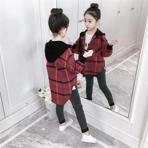 Girls plaid blouses Spring AUTUMN Baby Cotton hooded Shirts Kids long Sleeve Tops Casual Clothing 6 8 10 12 14 years