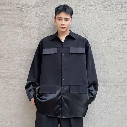 Satins Splice Long Sleeve Loose Casual Shirt Men Korean Streetwear Fashion Harajuku Dress Shirts Tops Male Oversize Blouse