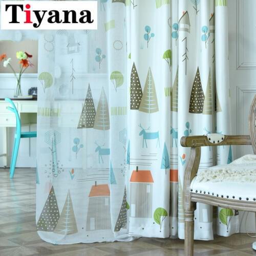 Cartoon Nordic Plant Curtains For living room Small House Design Tulle Curtains for Kids Room Kitchen Window Drapes P143D4