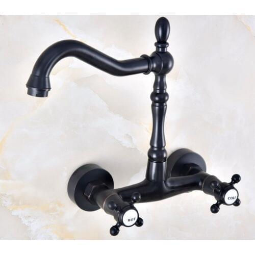 Kitchen Wet Bar Bathroom Vessel Sink Faucet Black Oil Rubbed Bronze Wall Mounted Swivel Spout Mixer Tap Dual Cross Handle mnf452