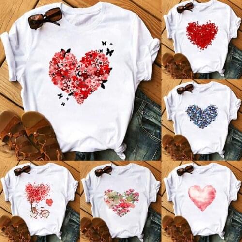 Women T-shirt Heart Print Loose Summer Round Neck Short Sleeve T-shirt Fashion Casual shirt Lady Tops Tees Clothing Female Shirt