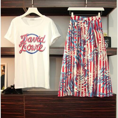 2019 Summer Runway 2 Piece Set Plus Size Women Letter Print Cotton T-Shirt + Single-Breasted Striped Pocket Midi Skirt Sets L-5X