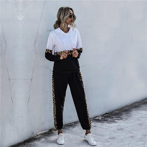 2021 spring and autumn new leopard print casual sports suit womens fashion hoodies two-piece set female home clothing
