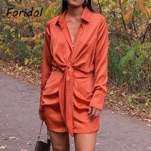 Foridol Bowknot Shirt Satin Dress Women Long Sleeve Slit Red Autumn Dress Short Elegant Ladies Spring Club Dress Vestidos