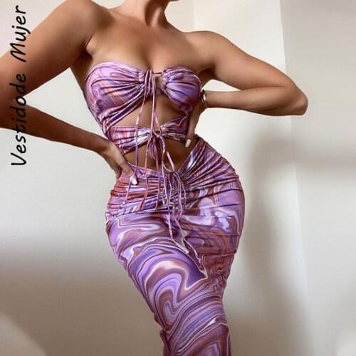 Vestidos Mujer Y2K Print Sexy Elegant Bandage Maxi Summer Dress Women 2021 Fairy See Through Backless Sleeveless Boho Dresses