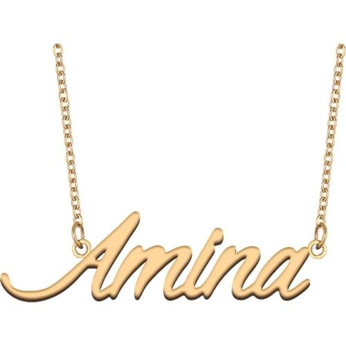 Amina Name Necklace for Women Stainless Steel Jewelry 18k Gold Plated Alphabet Nameplate Pendant Femme Mother Girlfriend Gift