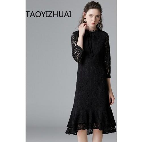 TAOYIZHAI autumn new arrival vintage style women dress trumpet solid bow natrual waist plus size lady party dress 14320