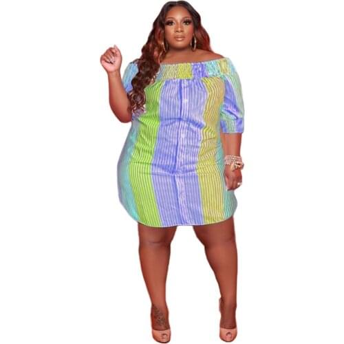 Plus Size Women Clothing Dress Striped Off Shoulder Loose Half Sleeve Mini Dresses Fashion Fall Clothes Wholesale DropShipping