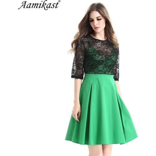 Aamikast Womens Elegant Autumn Lace See Through O-Neck Patchwork Pleats Tunic Vintage Casual Party Swing Skater A-Line Dress