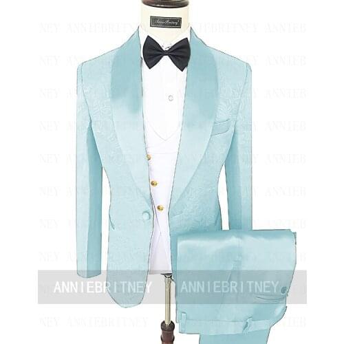 Tailored Made Sky Blue Suit Men Slim Fit Performance Jacquard Blazer Shiny Satin Vest Pants 3Pcs Fashion Groom Wedding Tuxedo