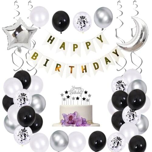 48pcs/Set Silver Happy Birthday Party Decoration For Man Silver Confetti Balloon Banner Cake Topper Birthday Decoration Men