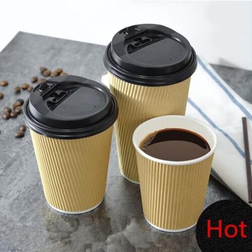 50pcs Thick Kraft Paper Cup Disposable Coffee Cup corrugated Milk Tea Juice Beverage Packaging Cups With Lids Takeaway Packages