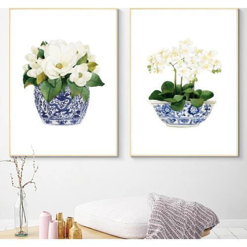 White Orchid & Magnolia Watercolor Chinoiserie Decor Canvas Print Oriental Vase Blue White Willow Style Porcelain Flower Jar