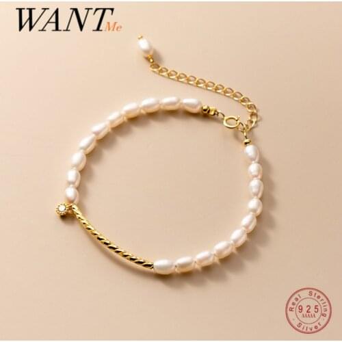 WANTME 925 Sterling Silver Freshwater Baroque Pearl Twist Elbow Charm Bracelet&Bangle for Women Fashion Anniversary Jewelry Gift