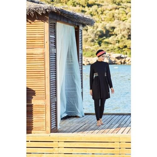 Chain Detail Hijab Swimwear/Black Turkish' Muslim Swimsuit Burkinis Modest Clothing Islamic Long Sleeves Hijab Full Cover Swi