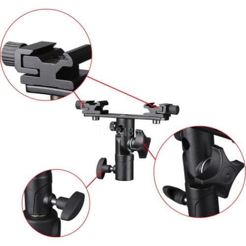 Double Twins Dual Hot Shoe Speedlight Stand Bracket Mount Holder for Canon Flash Light Swivel Lamp Bulb with Umbrella Socket