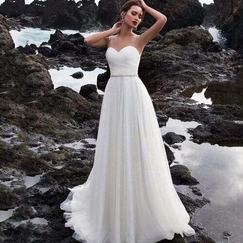 Elegant Wedding Dresses Tulle Appliques Sashes Pleat V-Neck Sleeveless Zipper A-Line Bridal Gowns Novia Do 2021