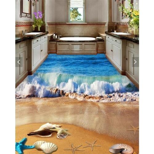 BEIBEHANG Custom custom floor murals HD blue wave grinding beach waterproof wearable bathroom PVC wallpaper background