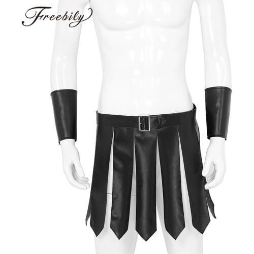 Sexy Men PU Leather Roman Gladiator Costume Kilt Underwear Skirt with Belt and Wristbands Role Play Theme Party Accessories Set