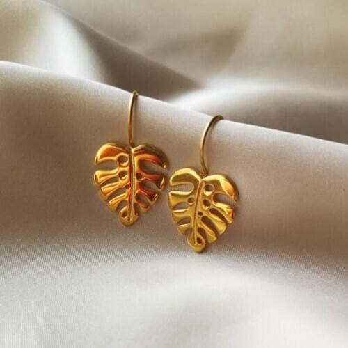 Creative Handmade Design Fine Jewelry Gold Colour Monstera Leaves Drop Earrings For Women Bijoux